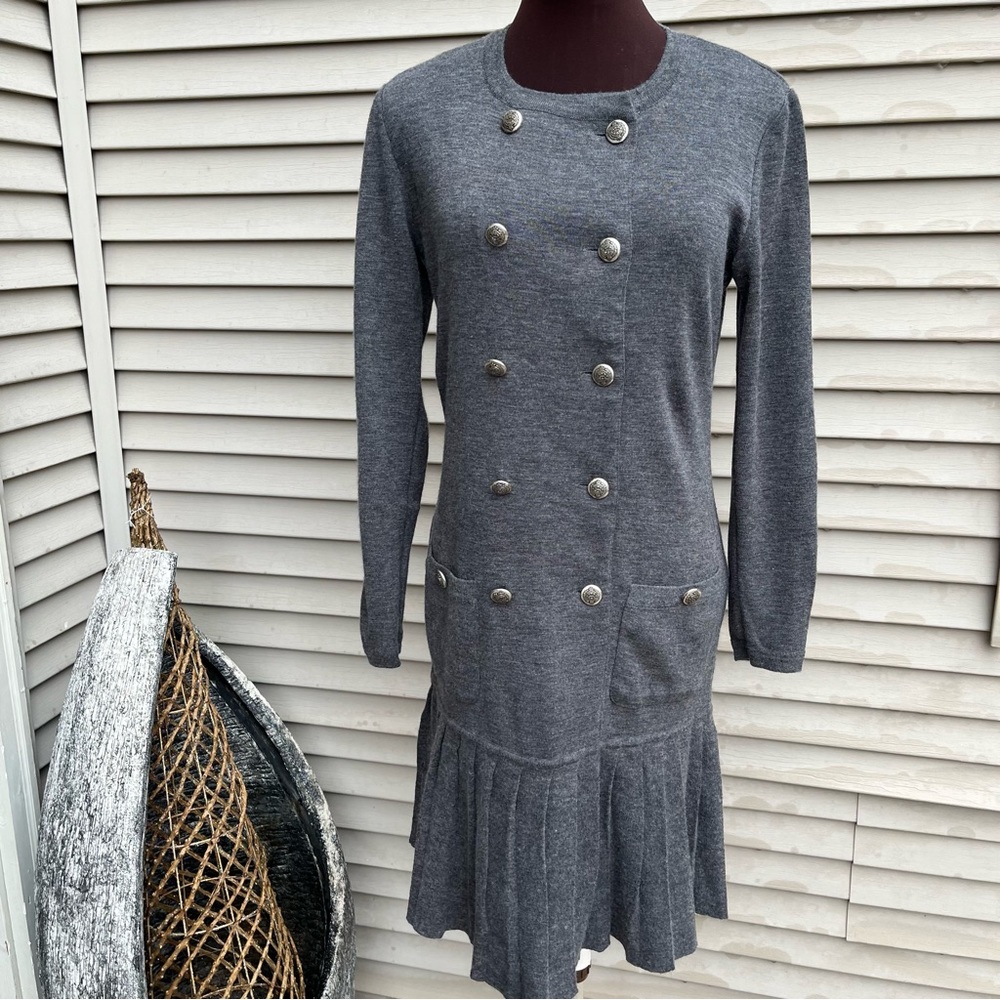 EUC Adrienne Vittadini wool pleat style long sleeve military button dress